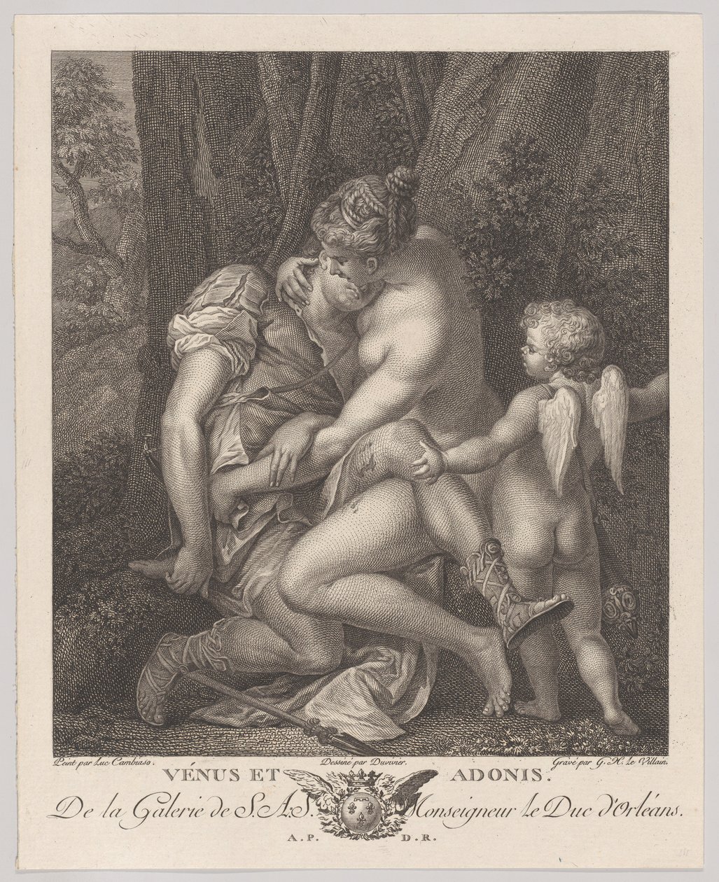 Venus rouwt om Adonis, zittend onder een boom en hem omhelzend, met Cupido rechts, ca. 1786 door Gérard René Le Vilain