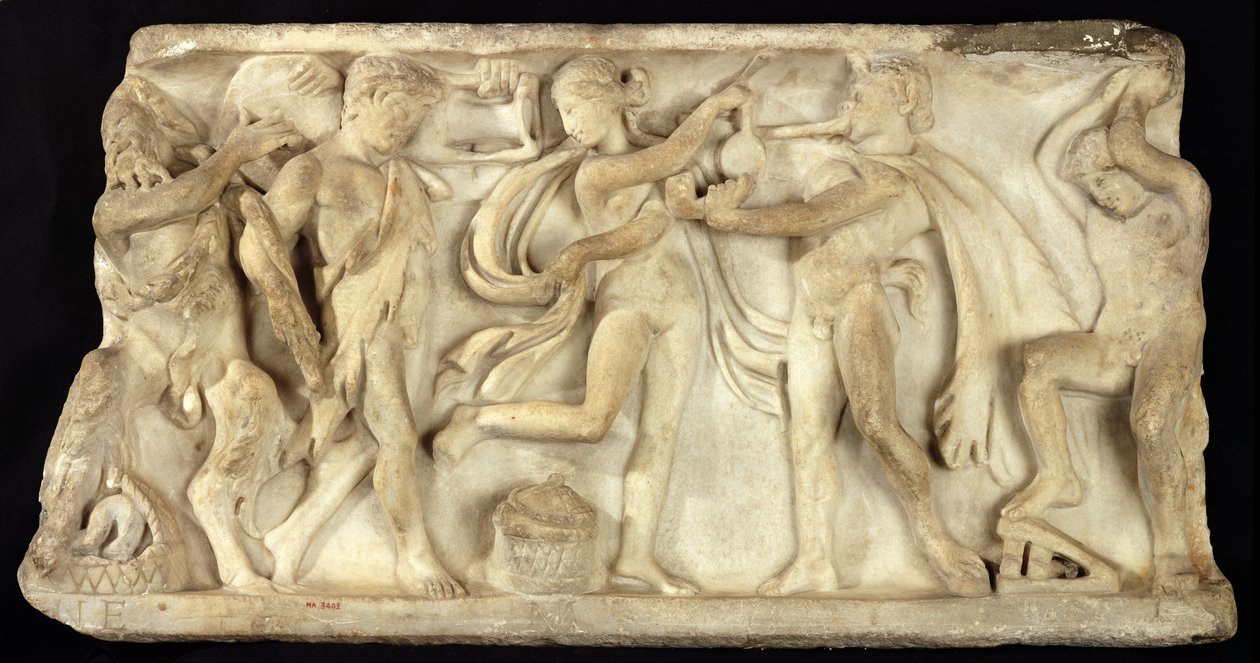 Fragment van een sarcofaag met saters en een maenade door Greek