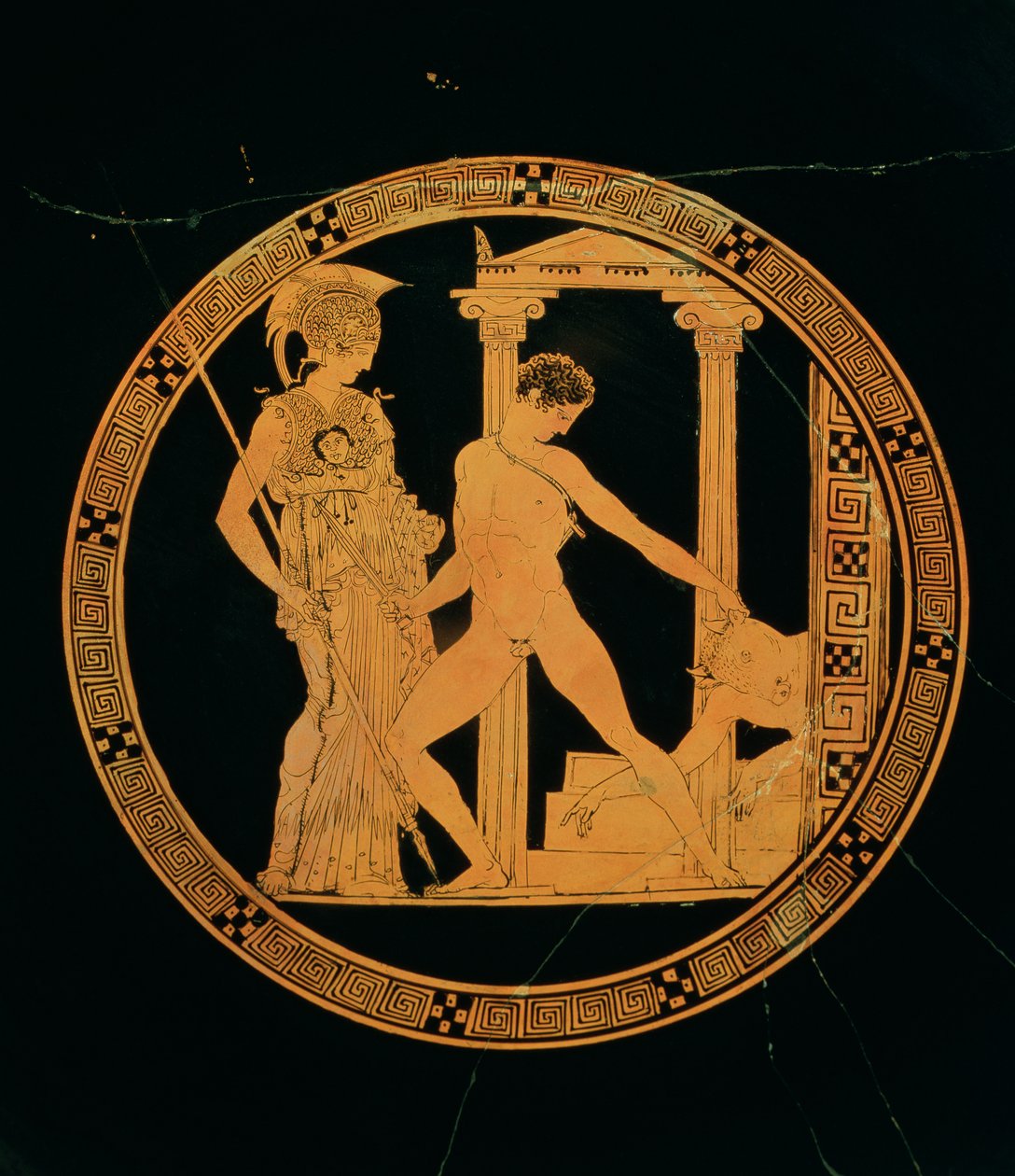 Rood-figuur beker die Athena, Theseus en de Minotaurus afbeeldt door Greek