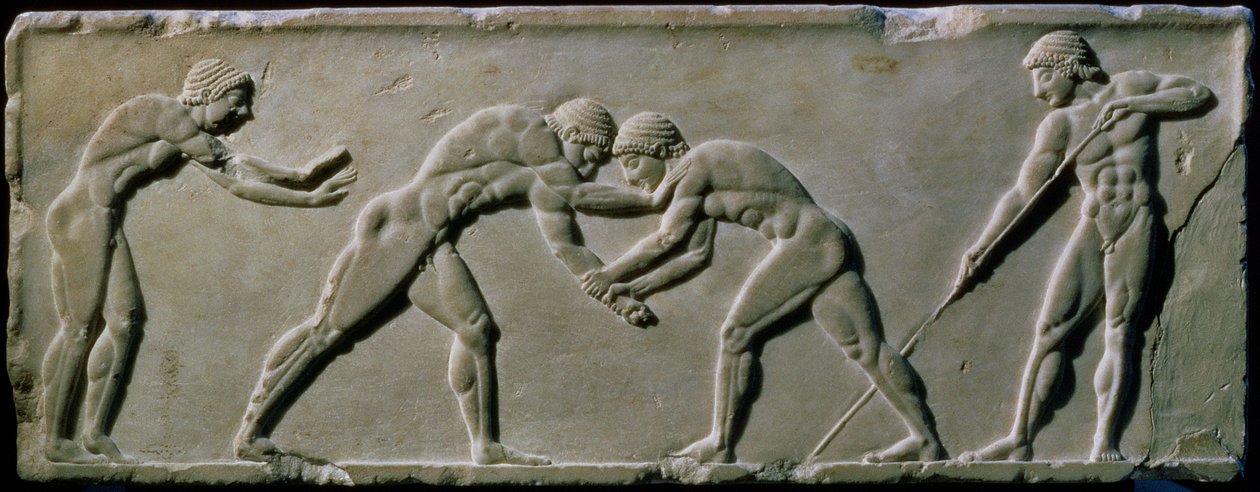 Jonge mannen worstelen, van een standbeeldbasis gevonden op de Dipylon-begraafplaats, Athene door Greek