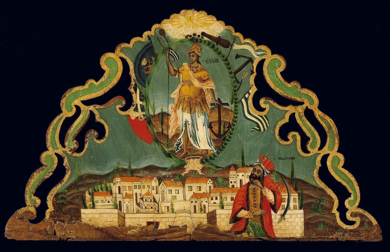 Pelmet met de wedergeboorte van Griekenland boven een voorstelling van Constantinopel, van Syros, Cycladen door Greek School