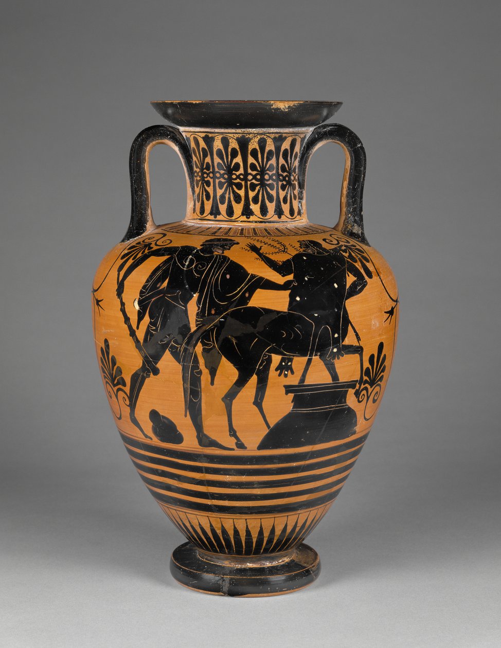 Attische zwartfigurige nek-amfoor met Herakles en centaur, ca. 480-60 v.Chr. (terracotta) door Greek