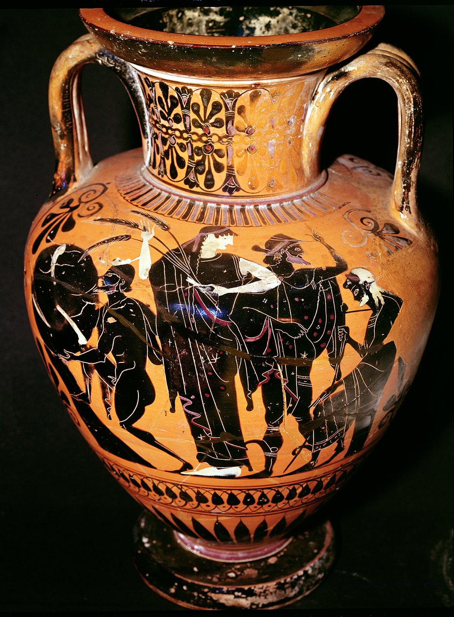 Attische zwartfigurige vaas met Synthos, Demeter, Hermes en de veerman, ca. 535-540 v.Chr. door Greek