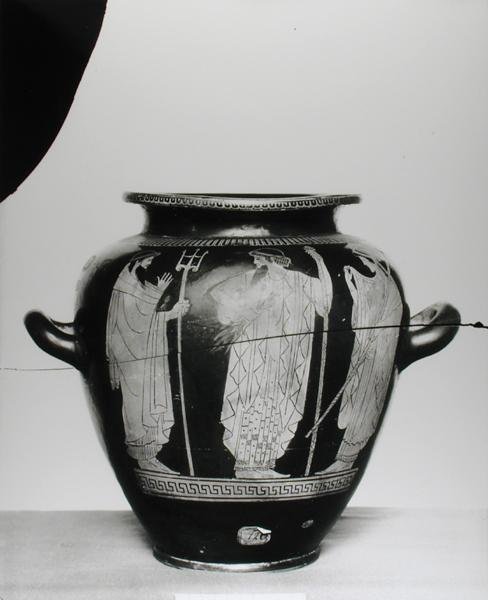 Attische roodfiguren stamnos met Poseidon, Zeus en Hera, 525-400 v.Chr. door Greek