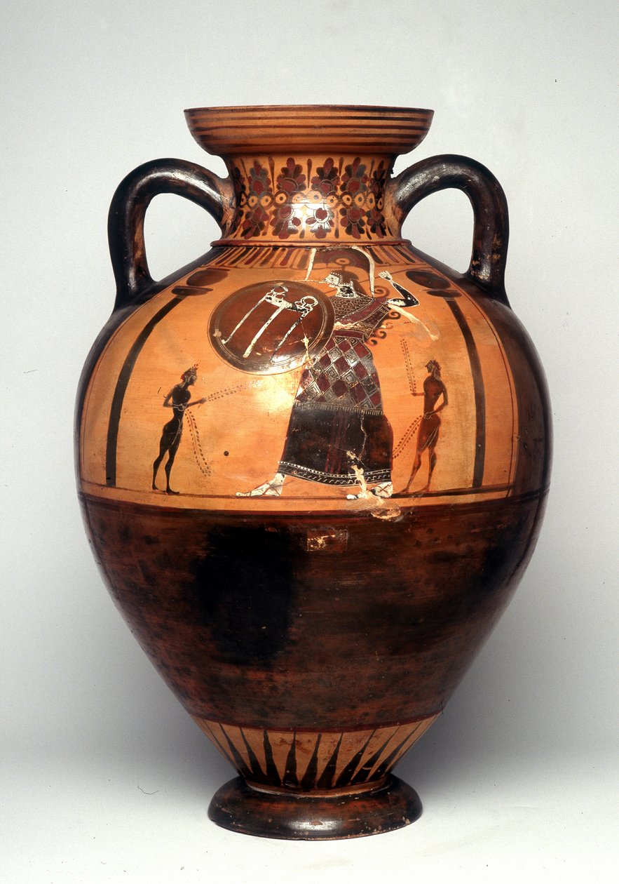 Zwartfiguurvaas die Athena afbeeldt met een schild en speer, 550 v.Chr. (keramiek) door Greek