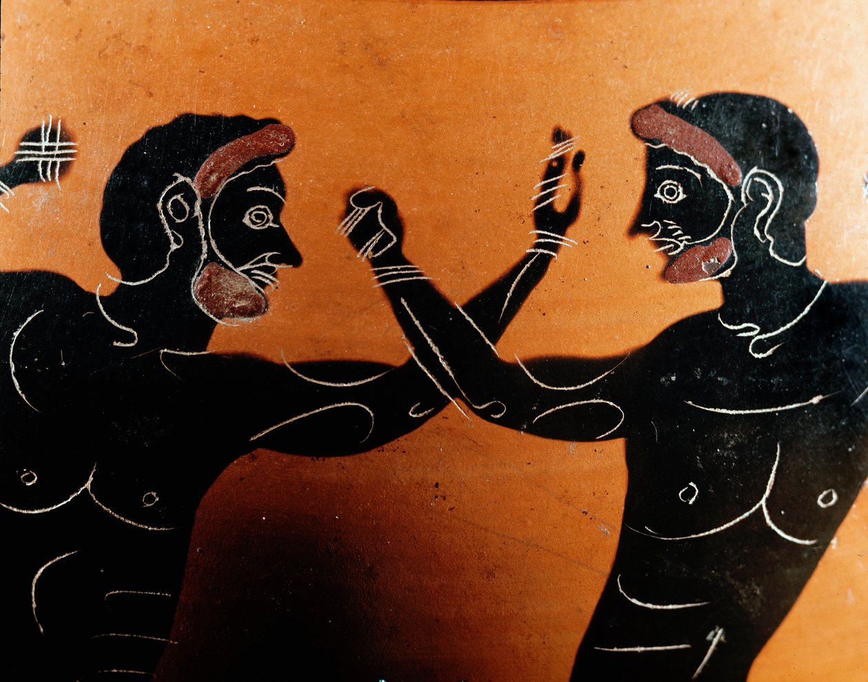 Griekse kunst: Panathenaïsche terracotta amfora: detail van een pugilatgevecht. Graf van de Vulci krijger. 6e eeuw v.Chr. Rome, Museo Nazionale di Villa Giulia door Greek