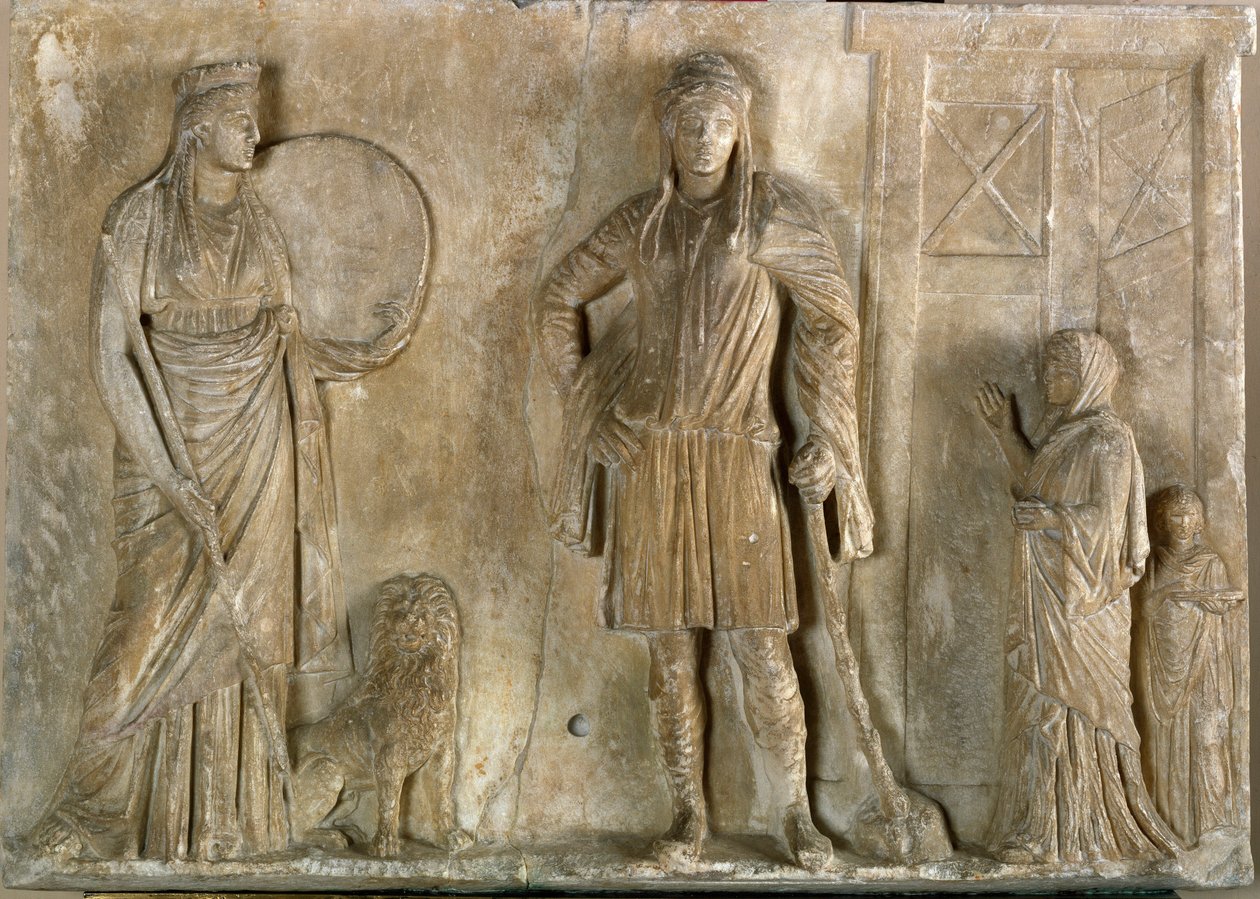 Griekse kunst: Phrygische godheden Cybele en Attis, zijn zoon en minnaar. Marmeren reliëf uit de 2e eeuw v.Chr. Museo Archeologico, Venetië door Greek