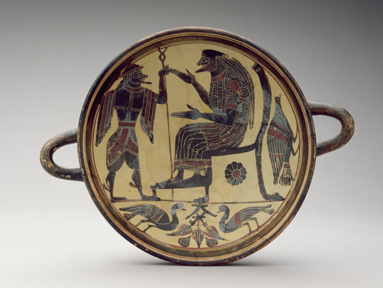 Laconische kylix beker die Zeus en Hermes afbeeldt, c.550-530 BC door Greek