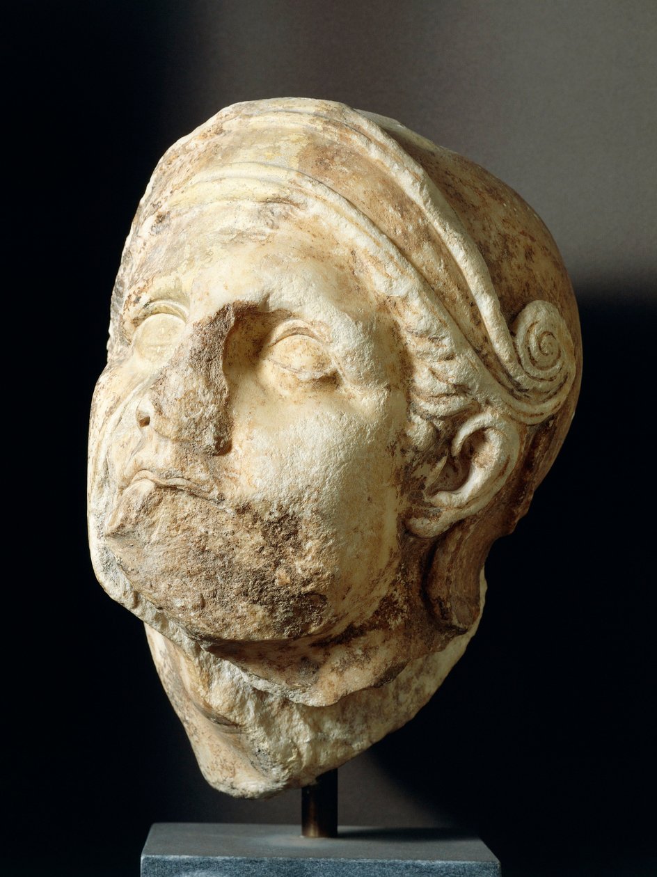 Krijgershoofd door Skopas (340-420 v.Chr.) van de voorkant van de Athena Alea Tempel in Tegea, 4e eeuw v.Chr. door Greek