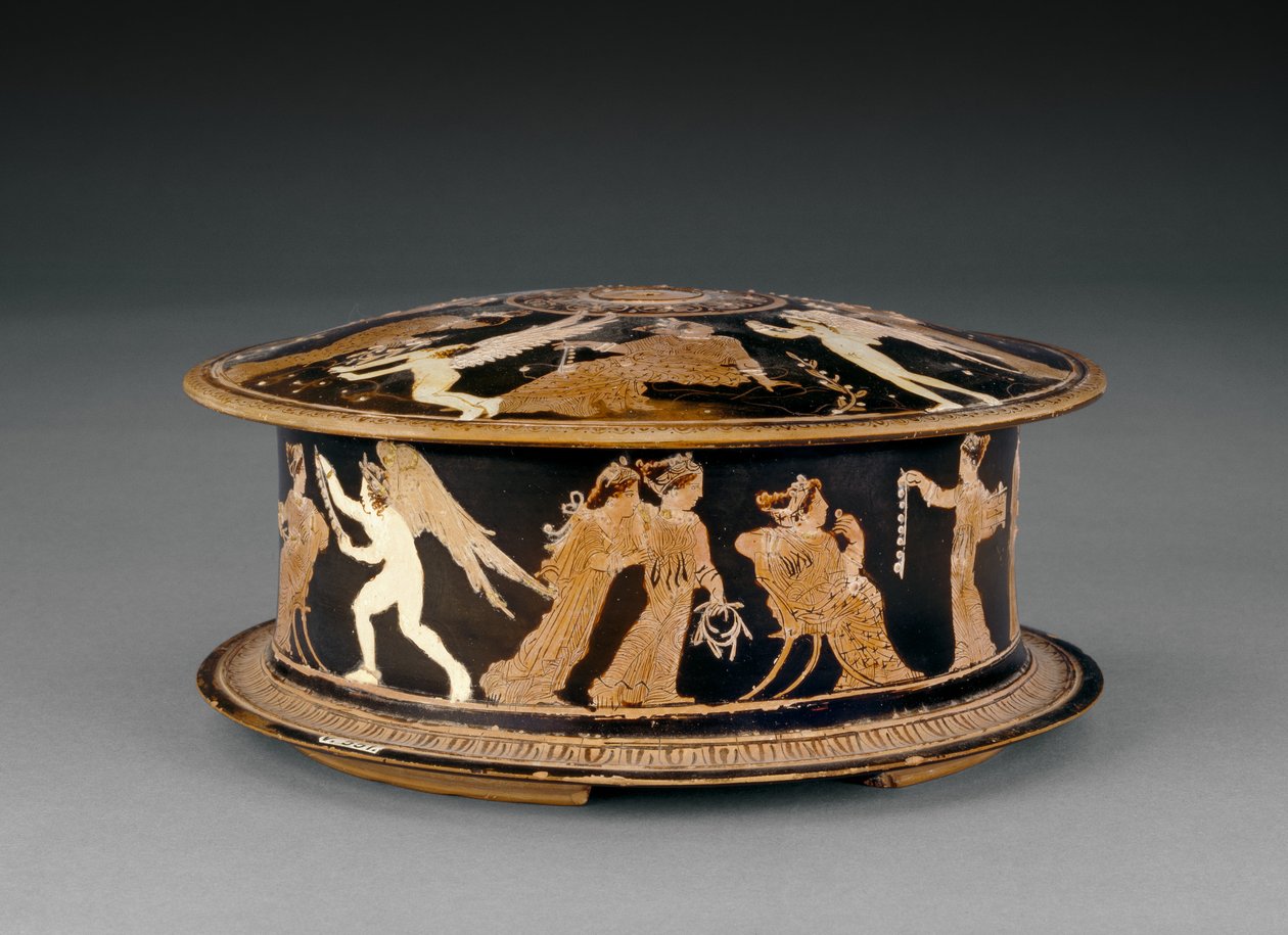 Attische roodfigurige pyxis versierd met vrouwen en erotes of cupido