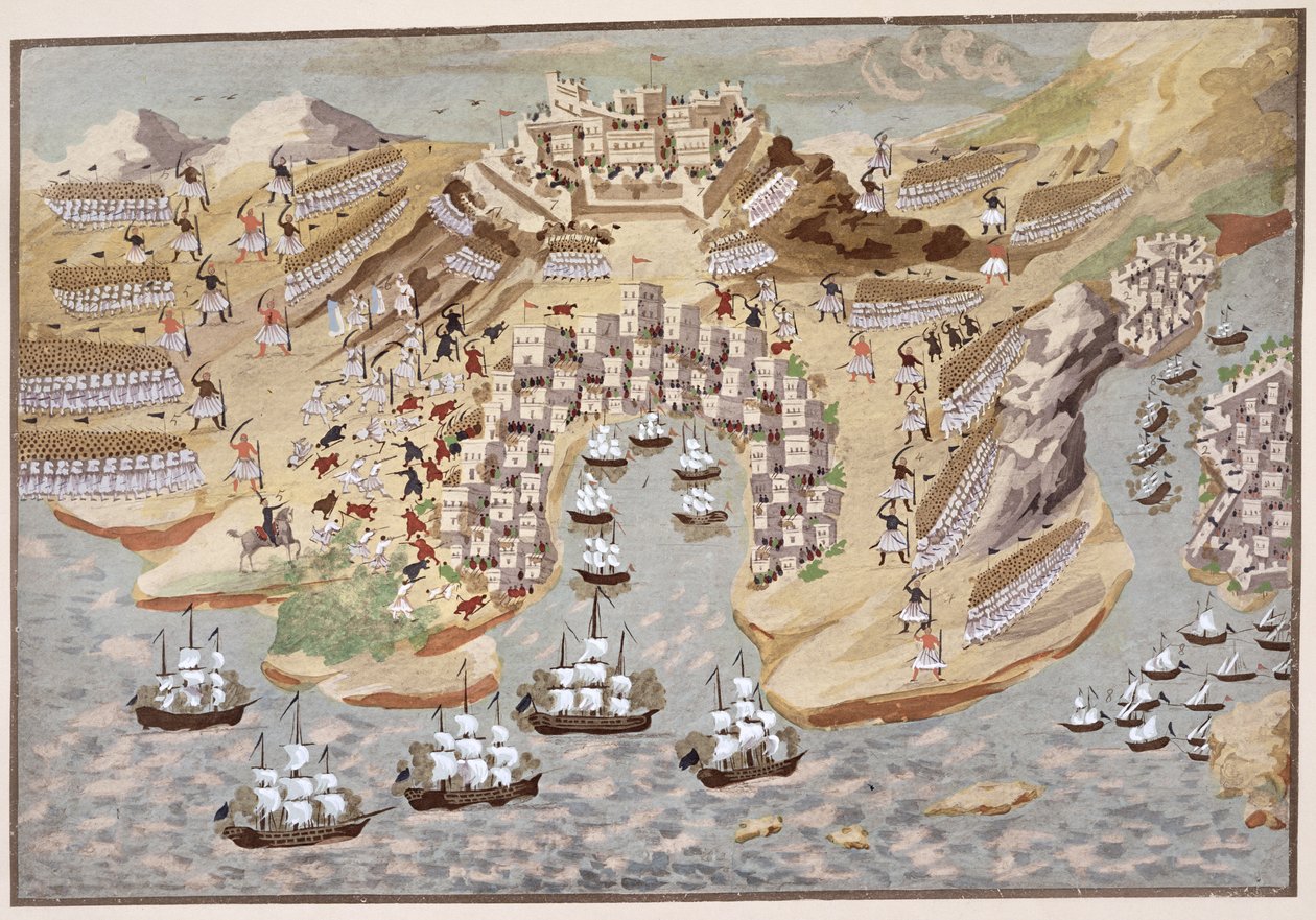 Vogelvlucht van West-Griekenland gecentreerd op Vonitsa, uit de Picturale Geschiedenis van de Griekse Onafhankelijkheidsoorlog door Greek School
