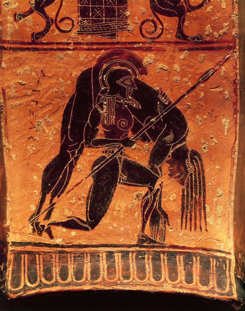 Zwartfigurige keramiek, Francois vaas, Attische voluutkrater gesigneerd door de pottenbakker Ergotimos en de schilder Kleitias, detail, Ajax Telamon draagt het dode lichaam van Achilles, 570-560 v.Chr. door Greek School