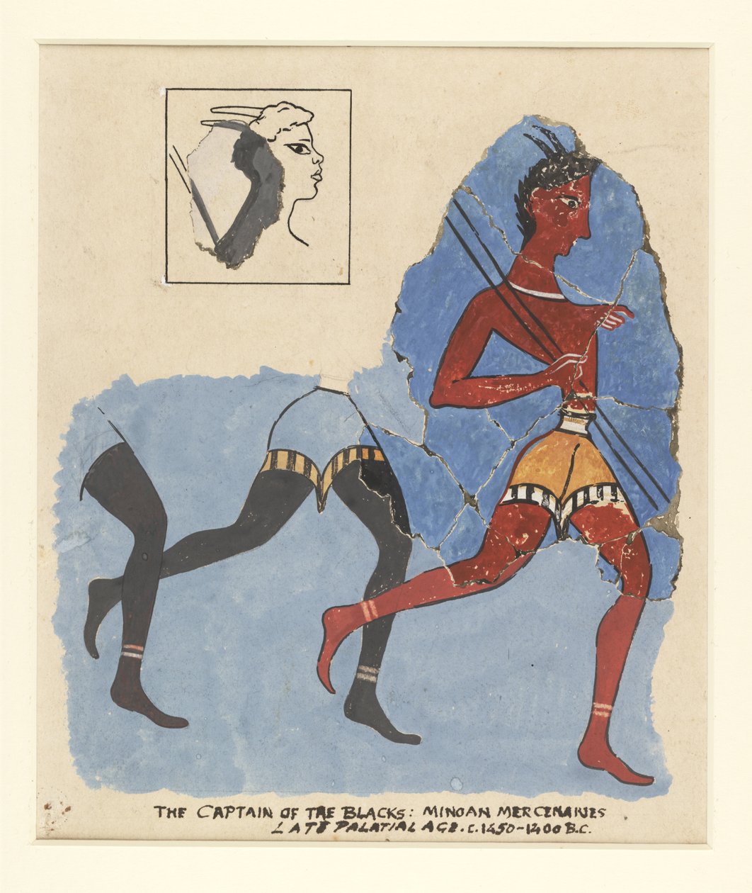 Fragmenten van een fresco uit Knossos, met moderne restauraties; soldaten in de aanval, ca. 1450-1400 v.Chr. door Greek School