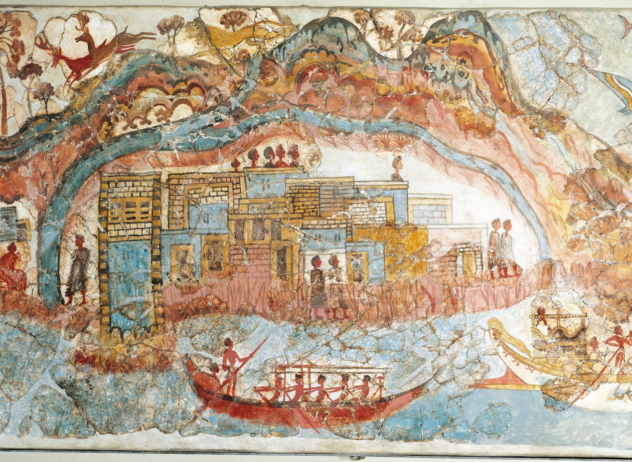 Fresco die een scheepsprocessie uit Akrotiri, Thera-eiland, Santorini, Griekenland, detail, een kuststad toont door Greek School