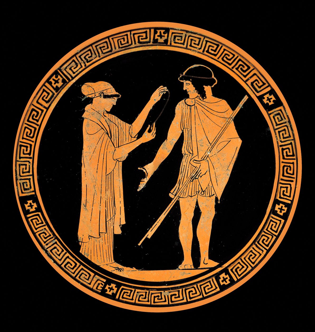Galante conversatie, decoratie van een keramiek met rode figuren. 5e eeuw v.Chr. door Greek School