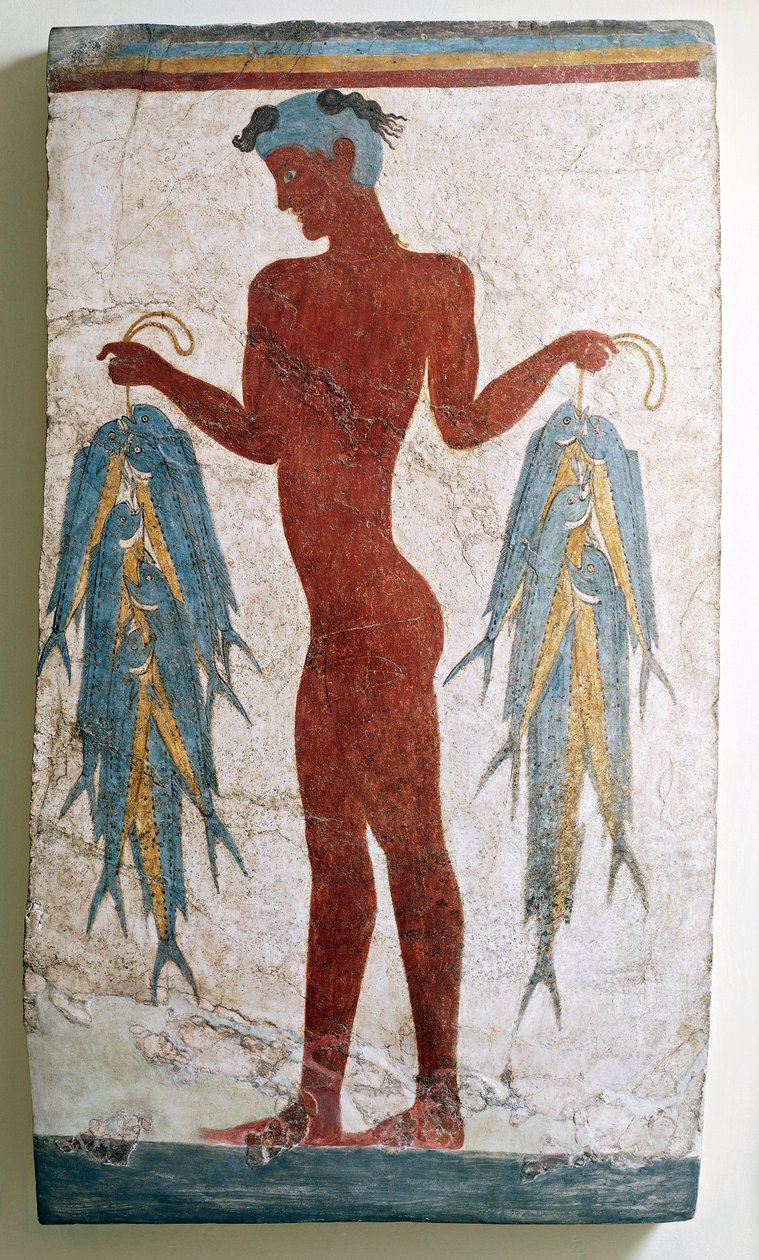 Griekse beschaving, fresco die een visser afbeeldt, van Akrotiri, Thera, Santorini, Griekenland door Greek School