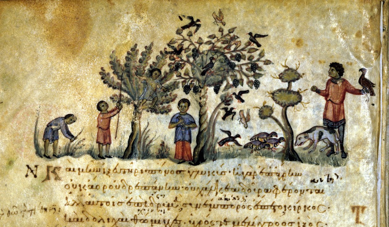 Jacht met de valk en het vangen van vogelnesten. Grieks manuscript van Oppianus De Venatione 13e eeuw door Greek School