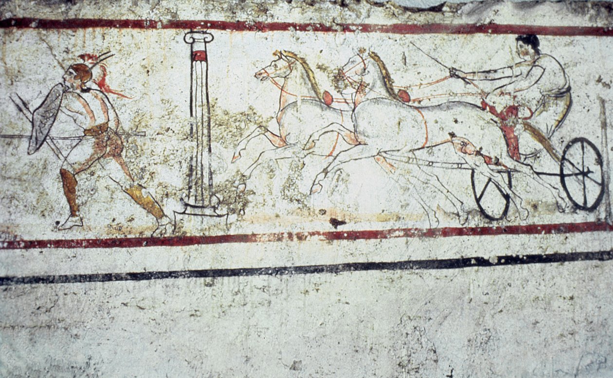 Lucaniaanse fresco grafschildering die een gladiator en een man op een strijdwagen afbeeldt, Paestum 350-330 v.Chr. door Greek School