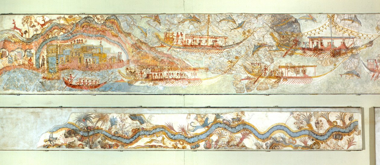 Zee-expedities en rivierlandschap, Akrotiri fresco, Thera (nu Santorini), Griekse beschaving door Greek School