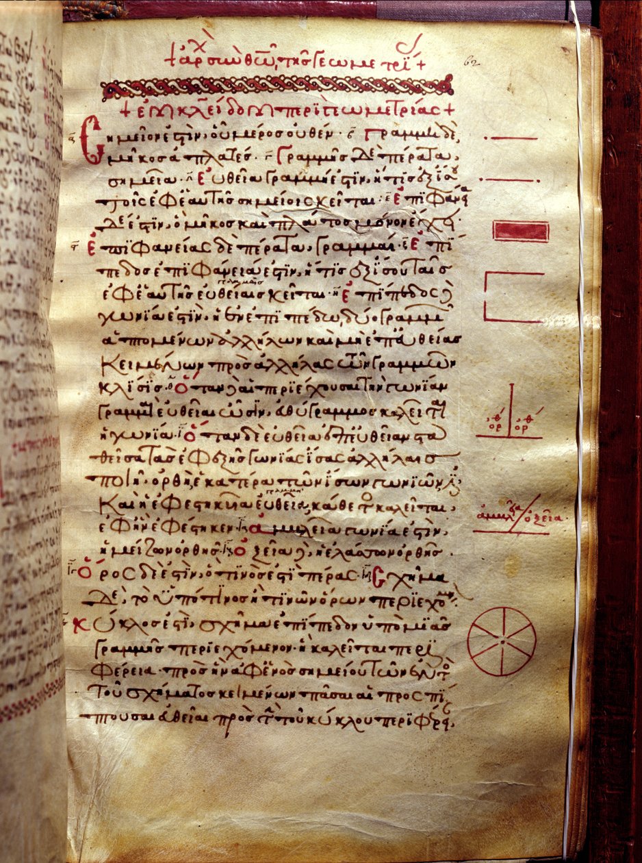 Pagina met tekst en geometrische figuren, uit Meetkunde door Euclides (3e eeuw v.Chr.) door Greek School