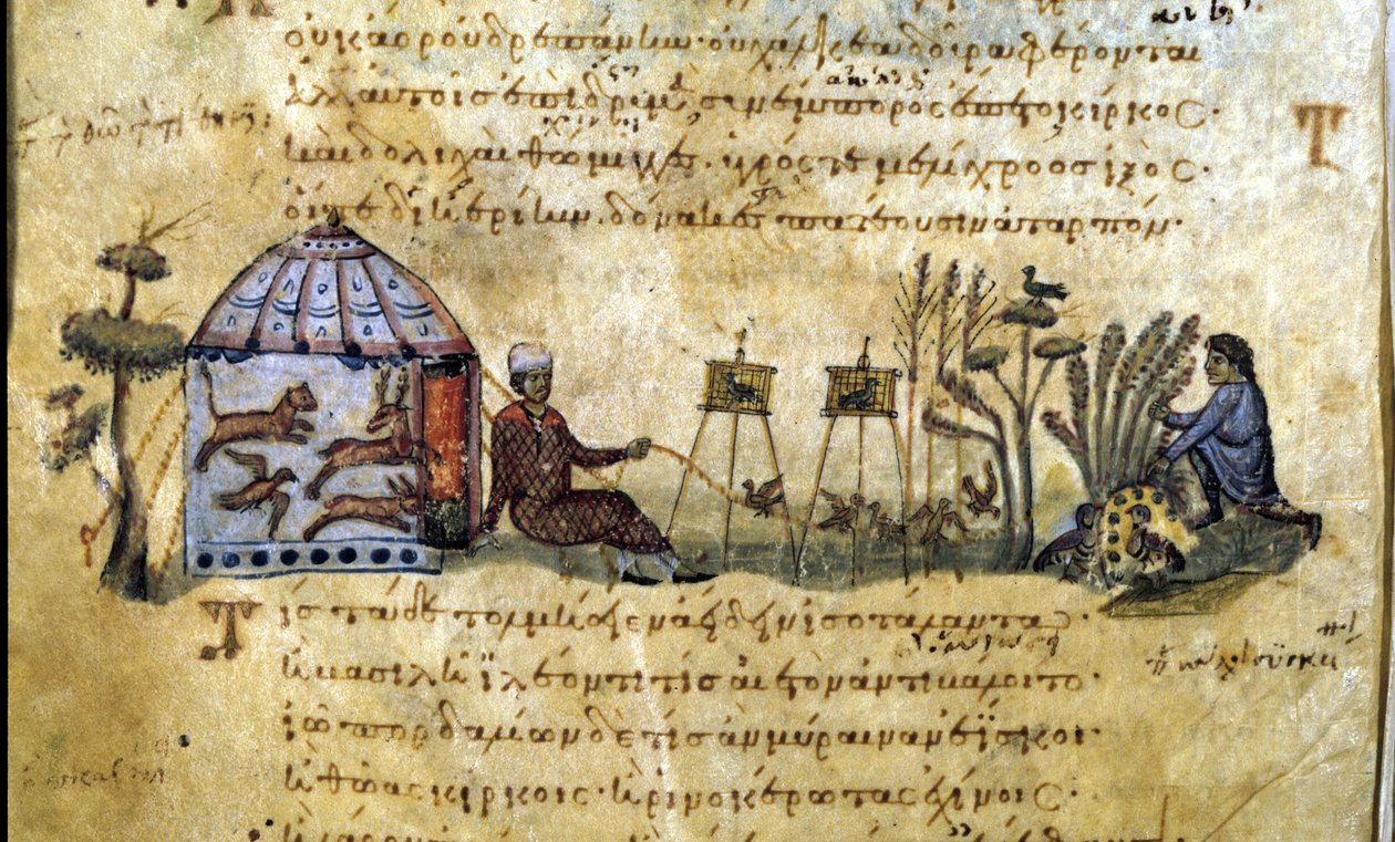 De jacht op vogels bij de roep. Grieks manuscript door Oppianus De Venatione door Greek School