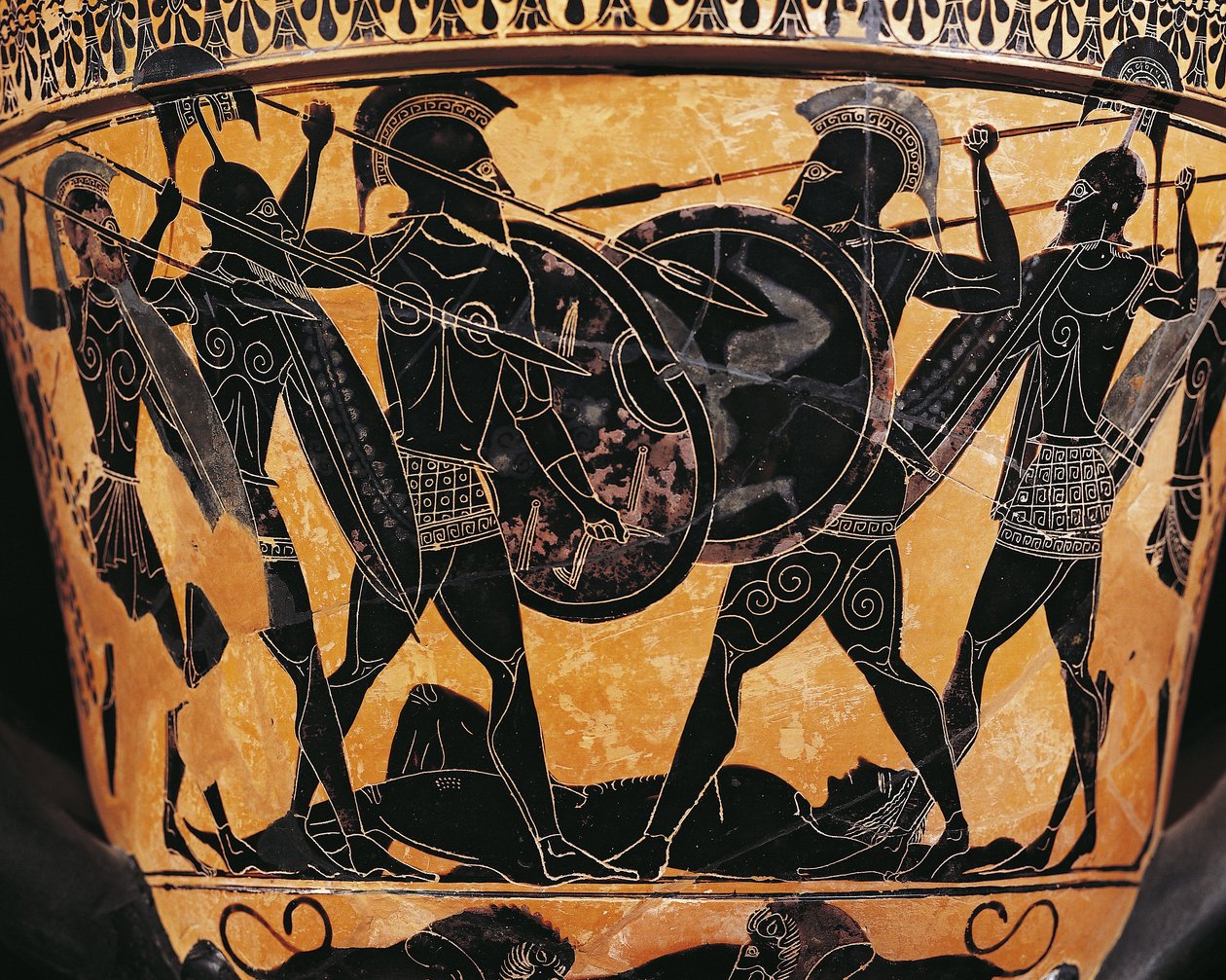 Griekse beschaving, Zwartfigurige keramiek, Krater met gevecht om het lichaam van Patroclus, Uit Farsala, Griekenland door Greek School