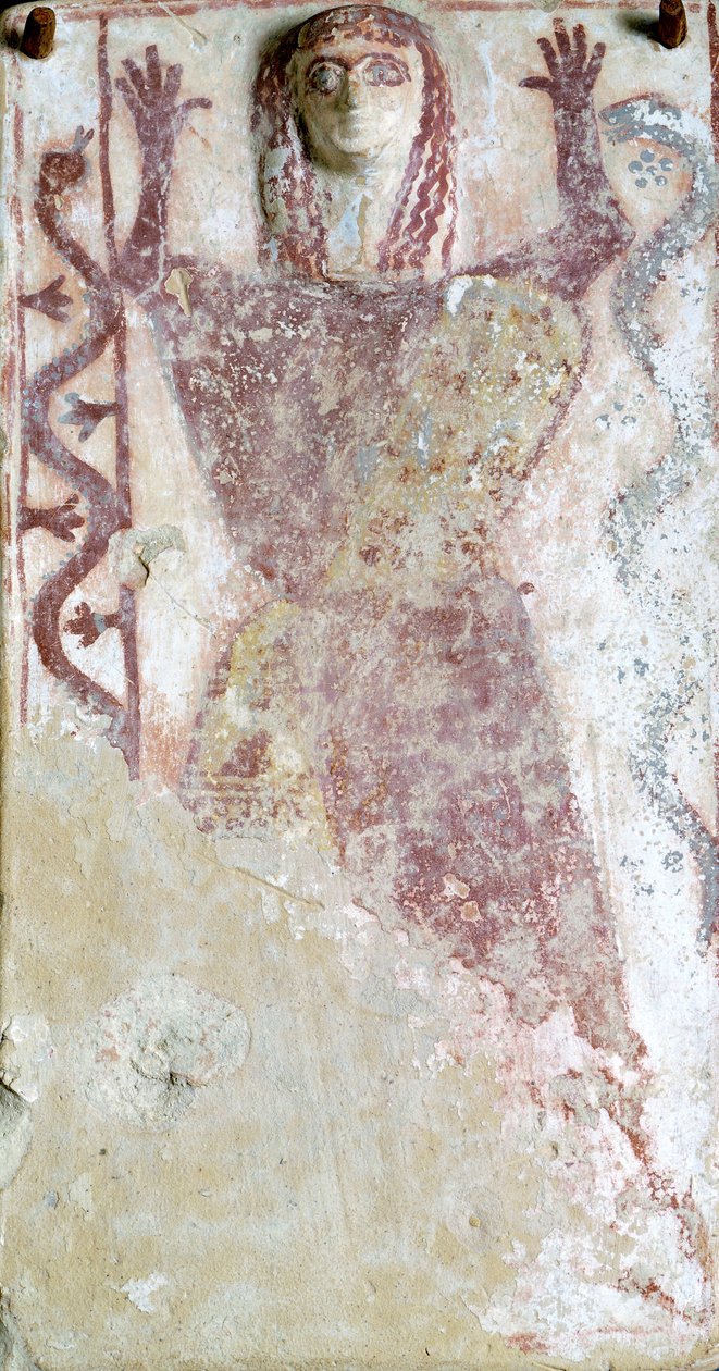Polychroom schilderij op pinax en reliëf met vrouwelijke godheid met slang uit Agora van Athene, Griekse beschaving, 7e eeuw v.Chr. door Greek School