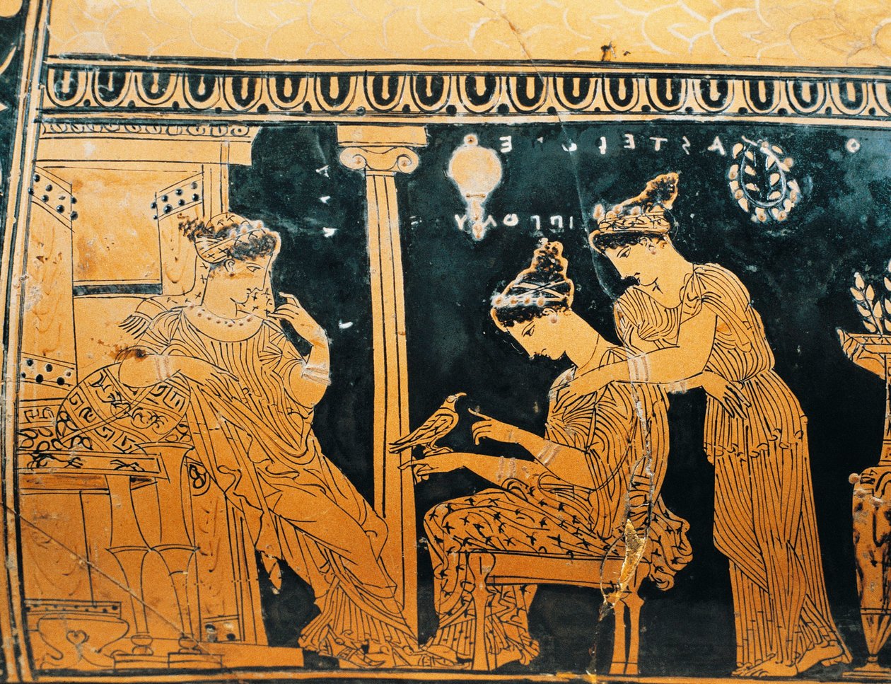 Roodfigurige keramiek, Epinetron door Eretria schilder met afbeelding van vrouw bij haar toilet, detail door Greek School