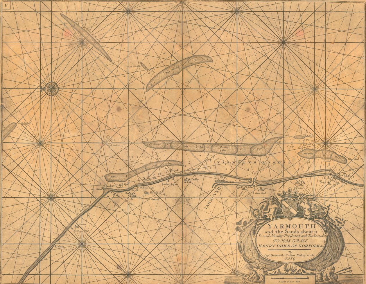 Kaart van Yarmouth en de zandbanken eromheen, ca. 1700 door Greenvile Collins