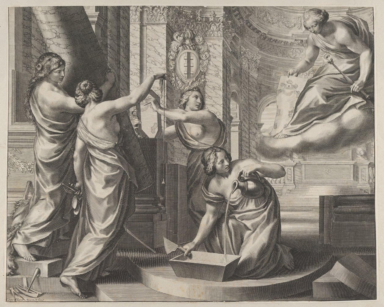 Allegorische compositie met figuren die volgens een architectonisch plan werken door Gregoire Huret