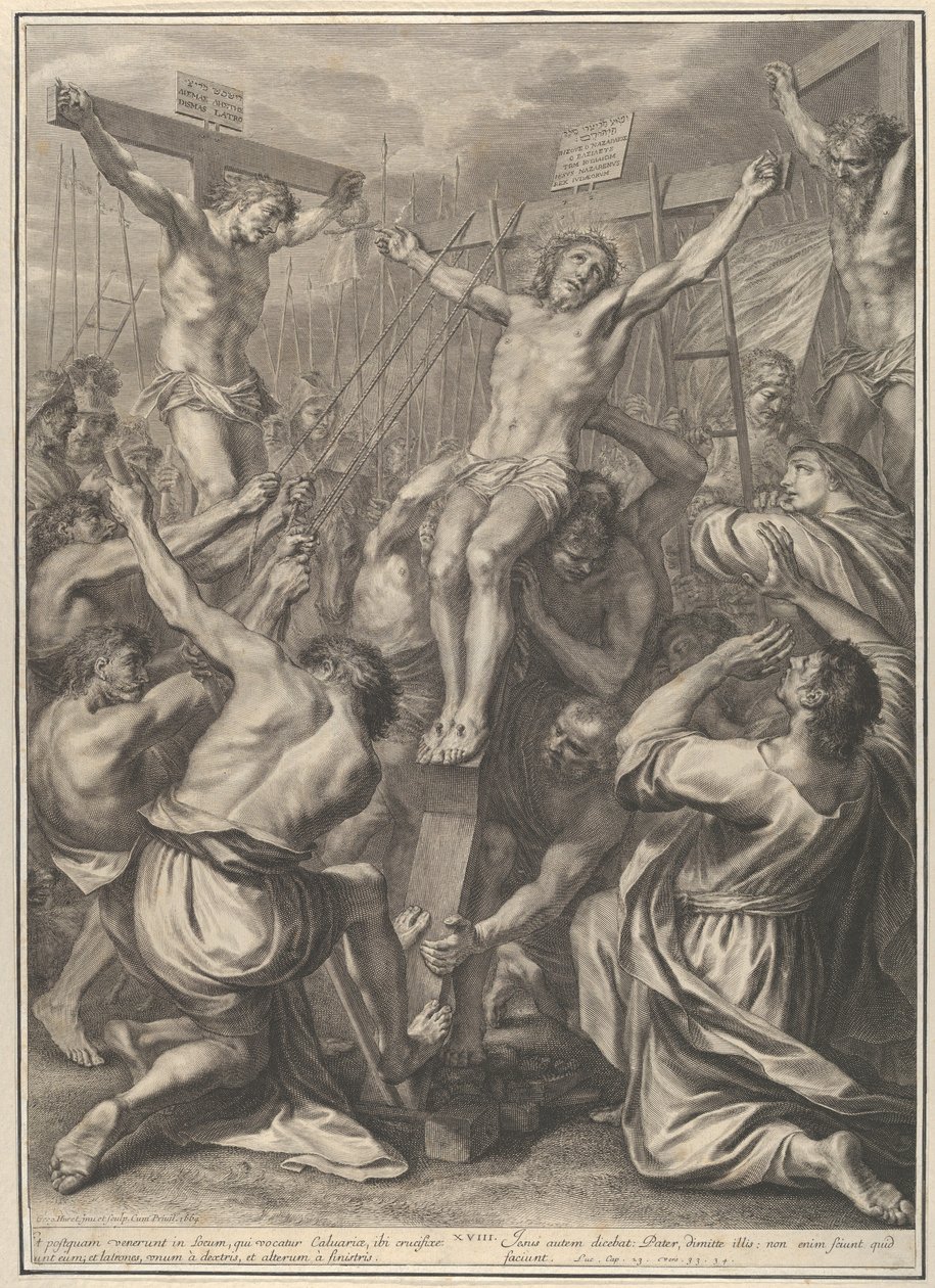 Christus verheven aan het kruis, uit Het lijden van Christus, plaat 19 door Gregoire Huret