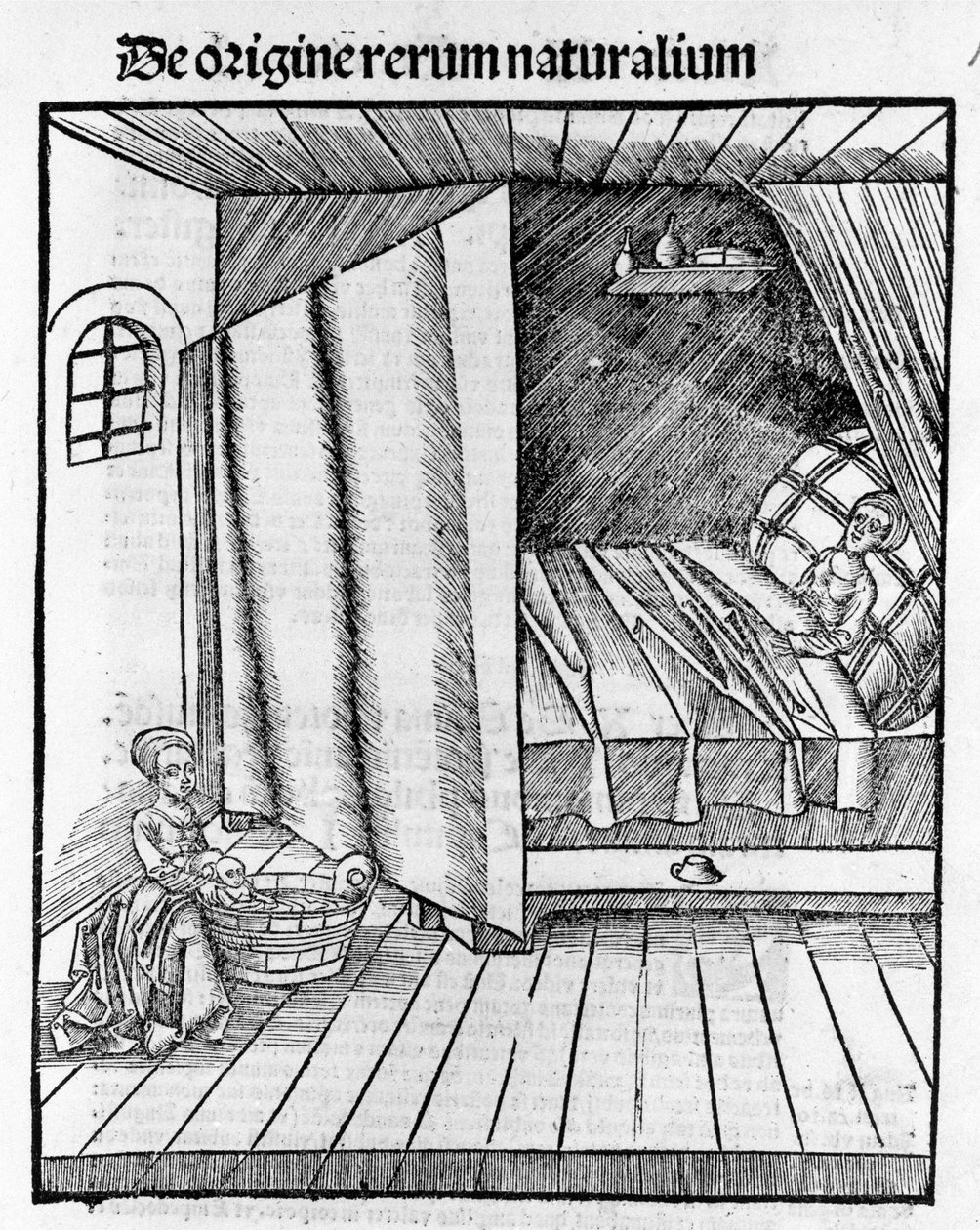 Een vroedvrouw reinigt de pasgeboren baby terwijl de moeder rust. Gravure in “Margarita Philosophica” door Gregor Reisch (1467-1525), Basel door Gregor Reisch