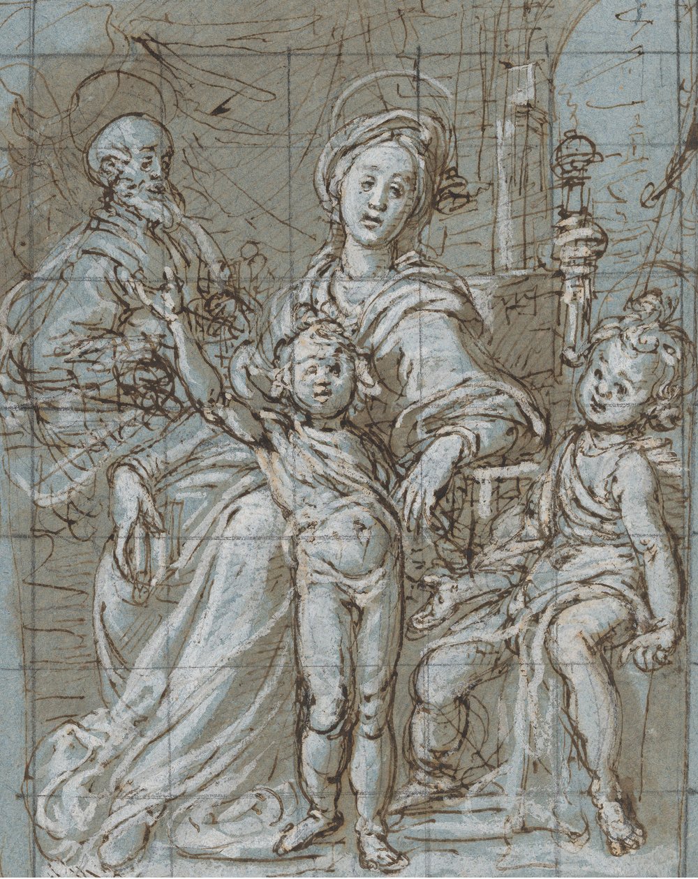 Heilige Familie met de Jonge Sint Johannes de Doper recto, grootschalige bijgesneden schetsen... door Gregorio Pagani