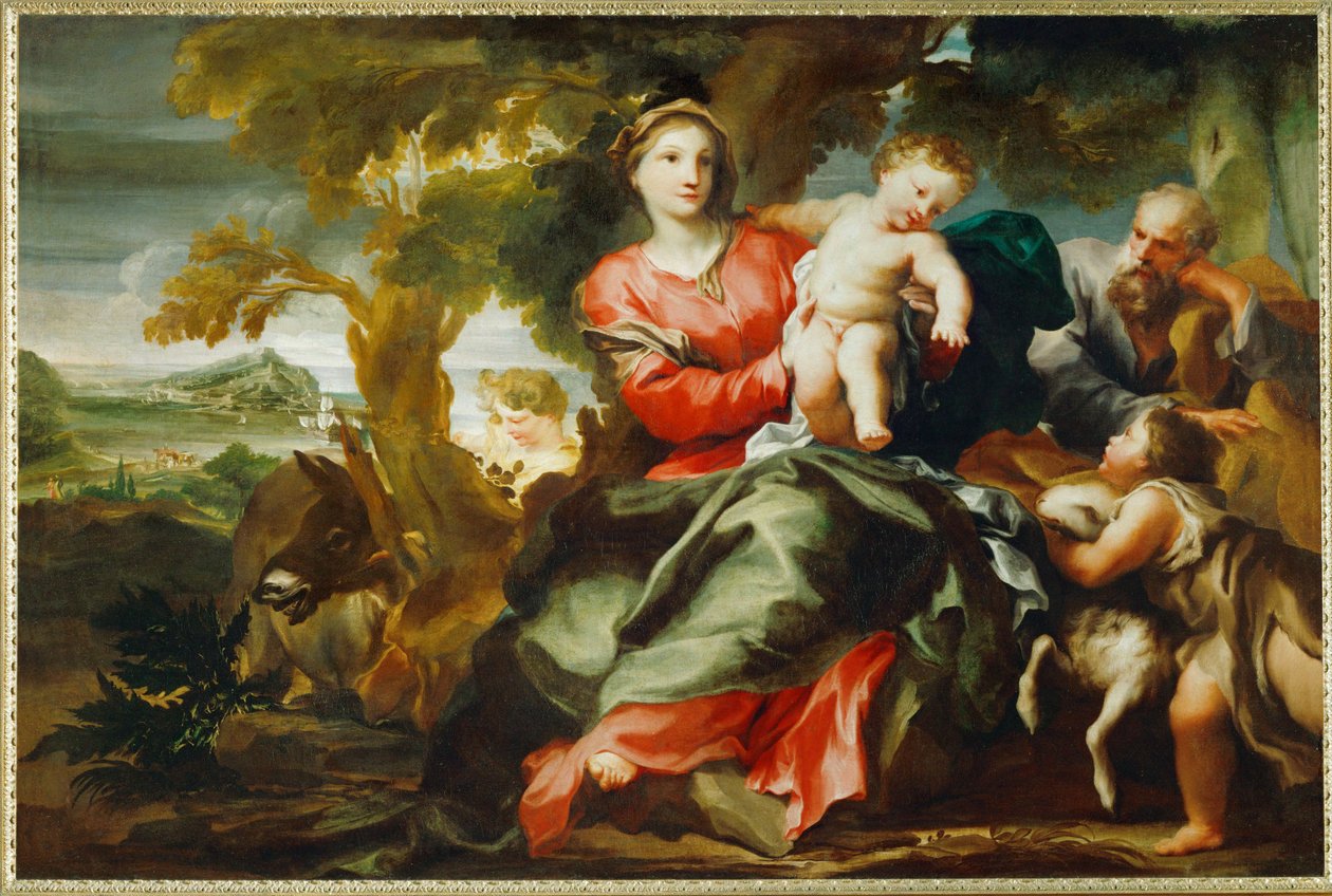 Rest van de Heilige familie bij de terugkeer uit Egypte (schilderij op doek) door Gregorio de Ferrari