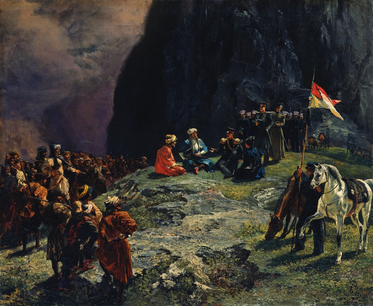 De ontmoeting van generaal Kluke von Klugenau en imam Shamil in 1837, 1849 door Grigori Grigorevich Gagarin