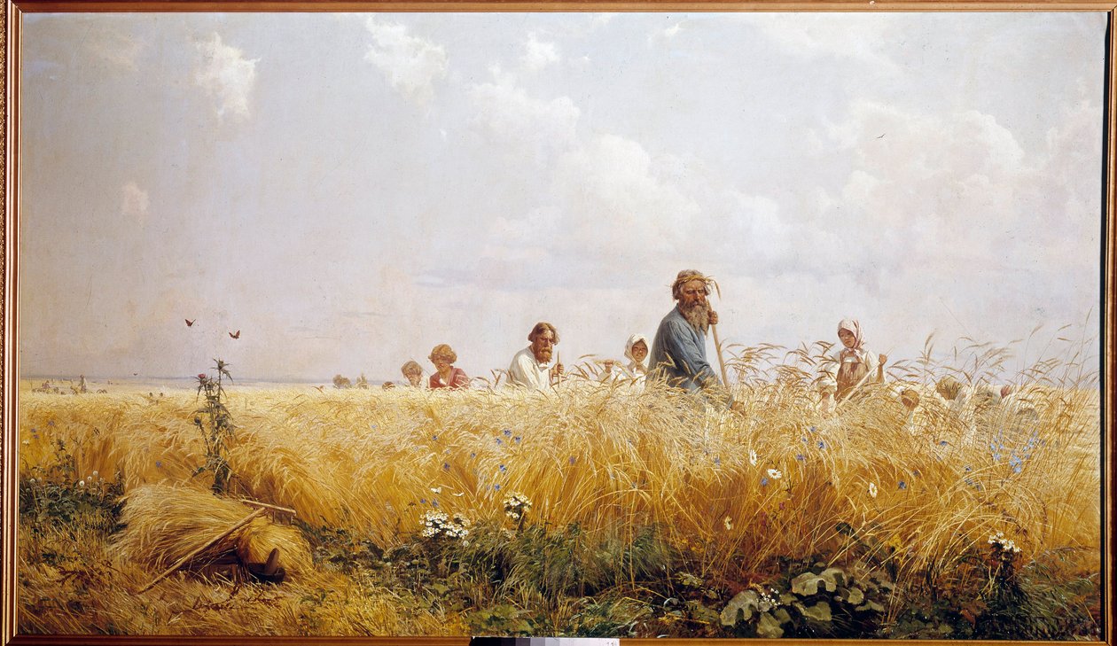 Oogst Russische boeren maaien het graan door Grigoriy Myasoyedov