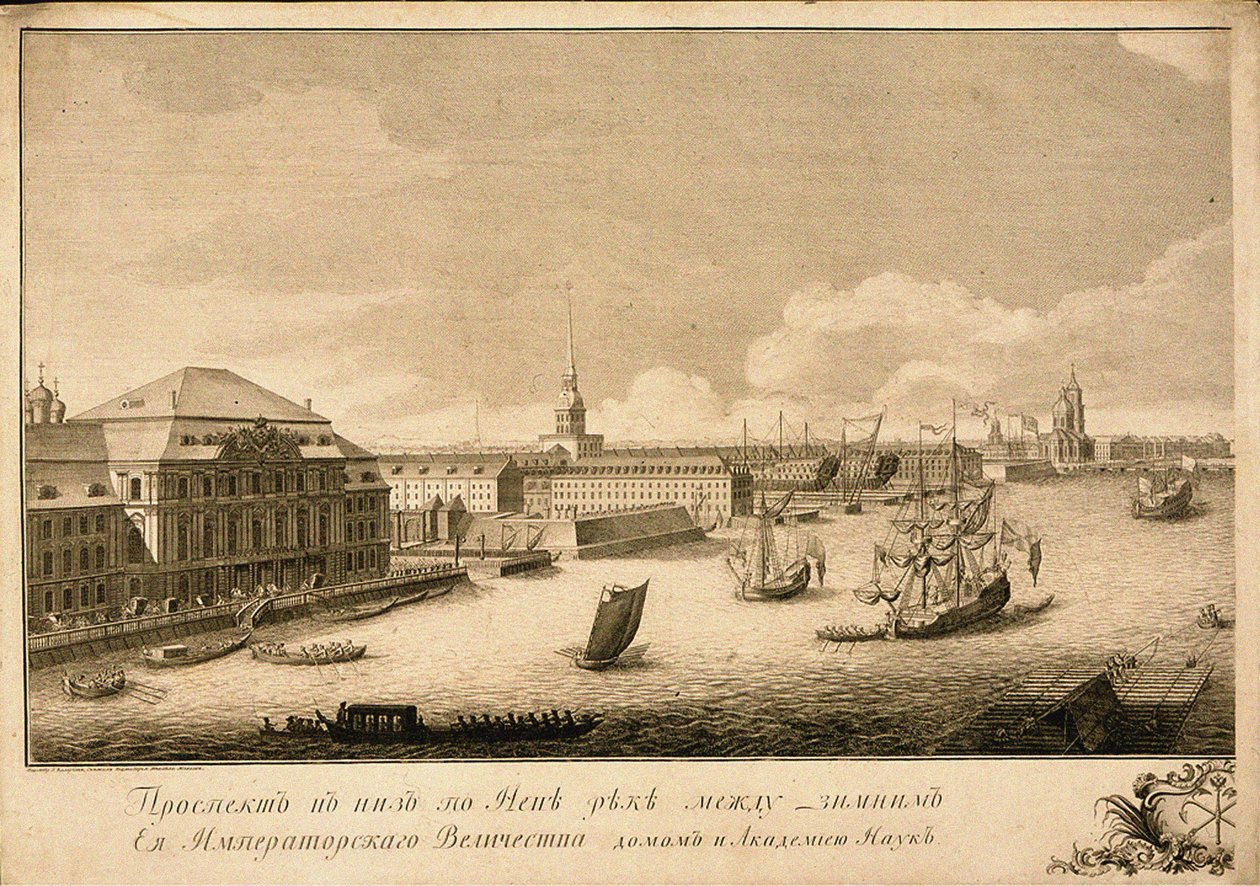 Uitzicht op het Winterpaleis vanaf de Neva-rivier, 1753 door Grigory Anikeevich Kachalov