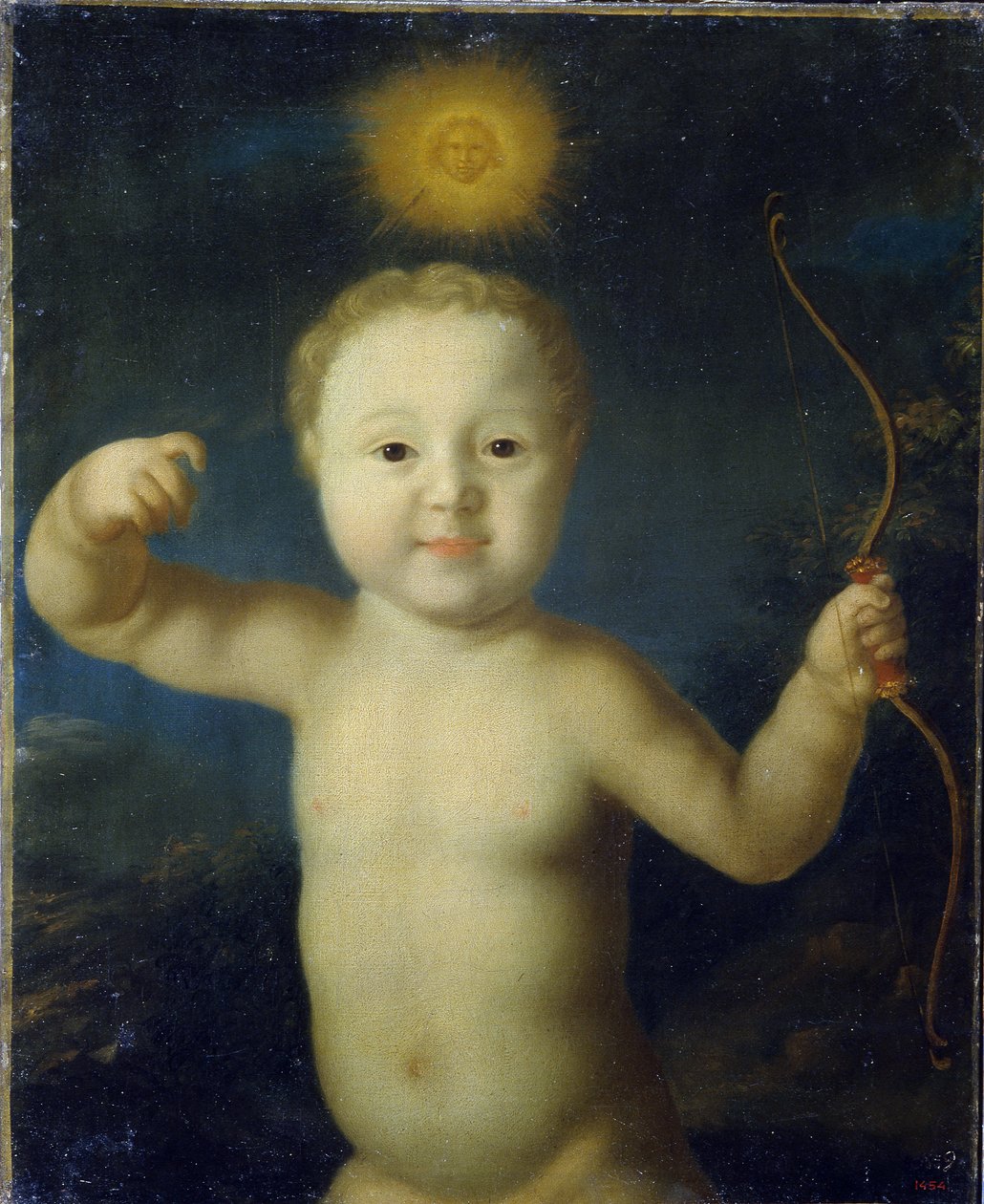Portret van tsarevitsj Alexis Petrovitch van Rusland (1690-1718). Afgebeeld als baby in Eros, naakt met boog en omgeven door een zon in de nacht. door Grigory Dmitriev Molchanov