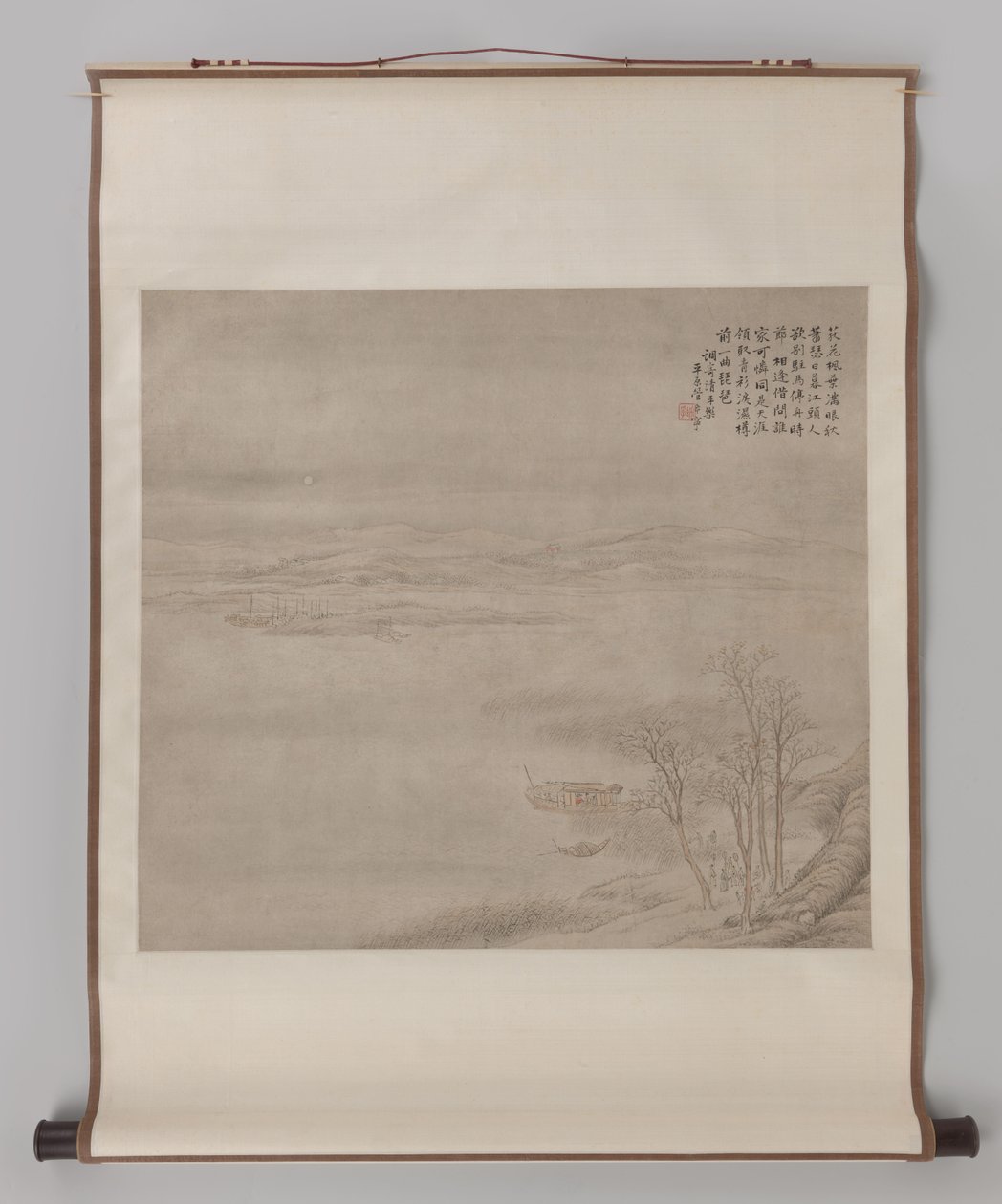 Rivierlandschap bij maanlicht met figuren door Guan Xining
