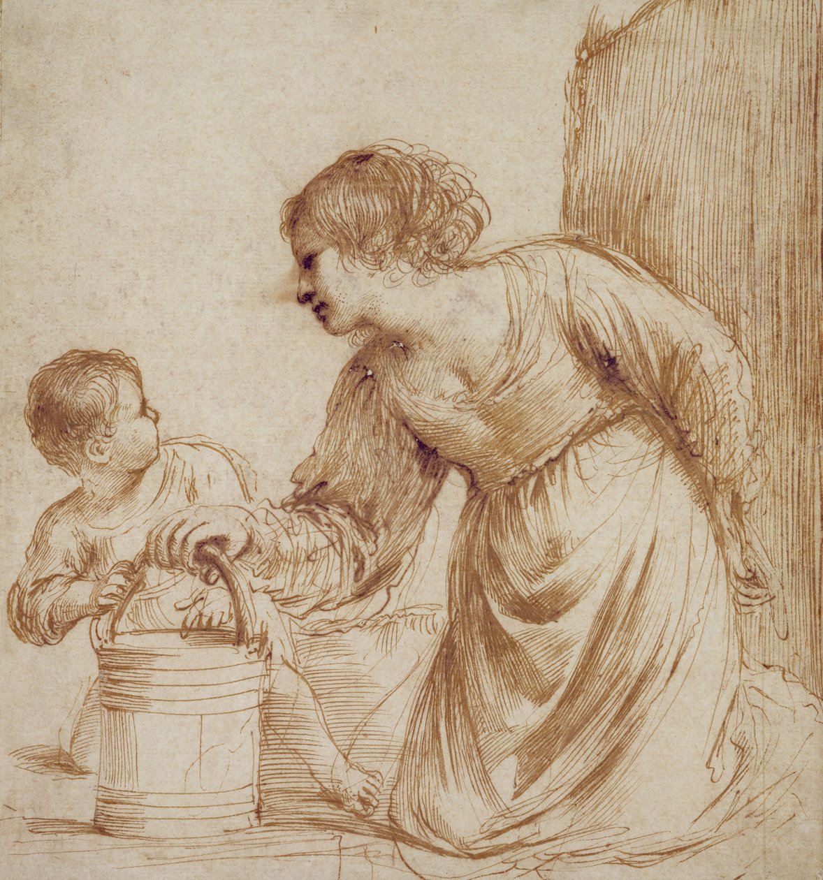Moeder en kind met emmer door Giovanni Francesco Barbieri