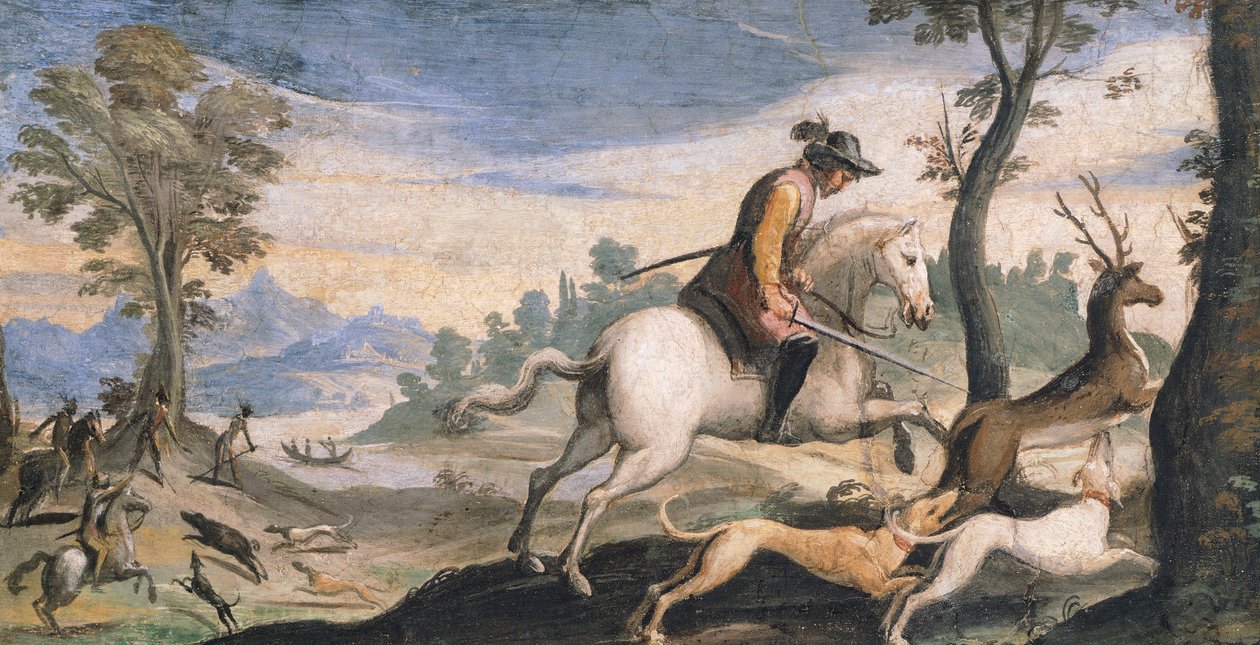 Jacht op herten en wilde zwijnen door Guercino