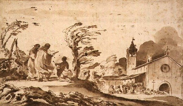 Landschap met een begrafenisstoet door Guercino