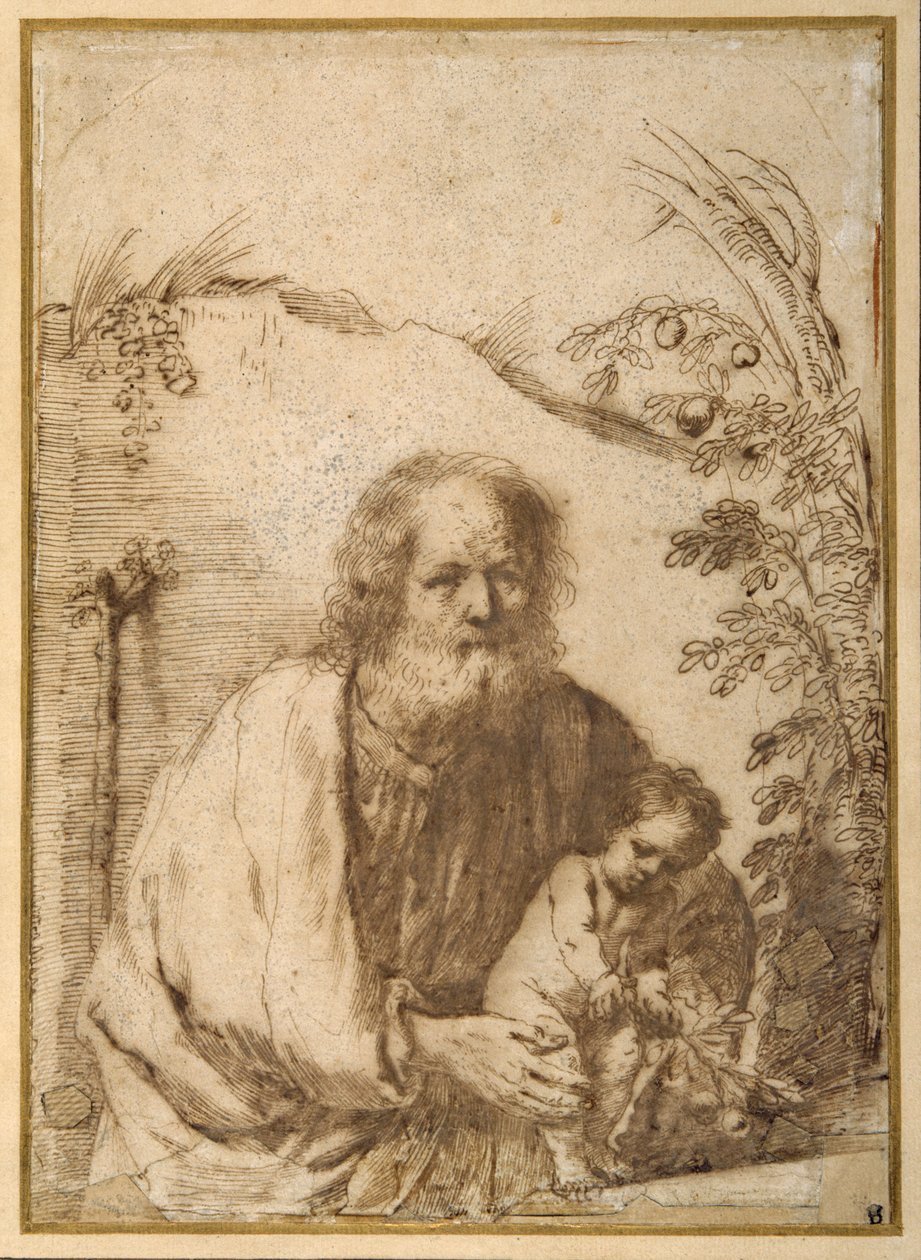 St. Jozef en het Christuskind grijpen een tak van een appelboom door Guercino