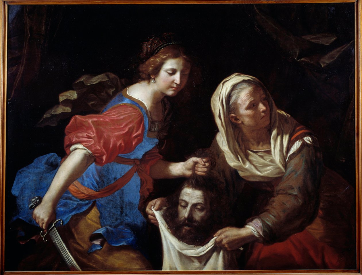 Judith en het hoofd van Holofernes. Haar dienstmaagd Abra houdt de zak vast terwijl Judith het hoofd neerlegt. door Guercino