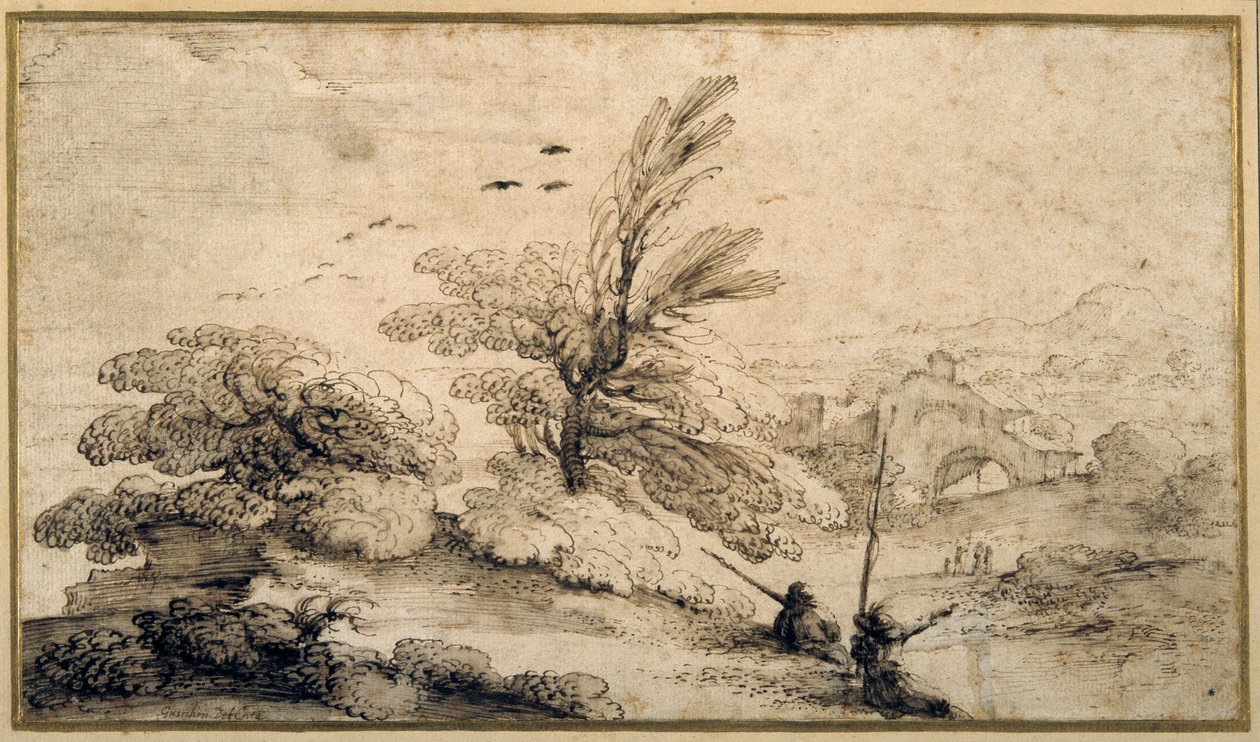 Landschap met twee vissers die rusten door Guercino