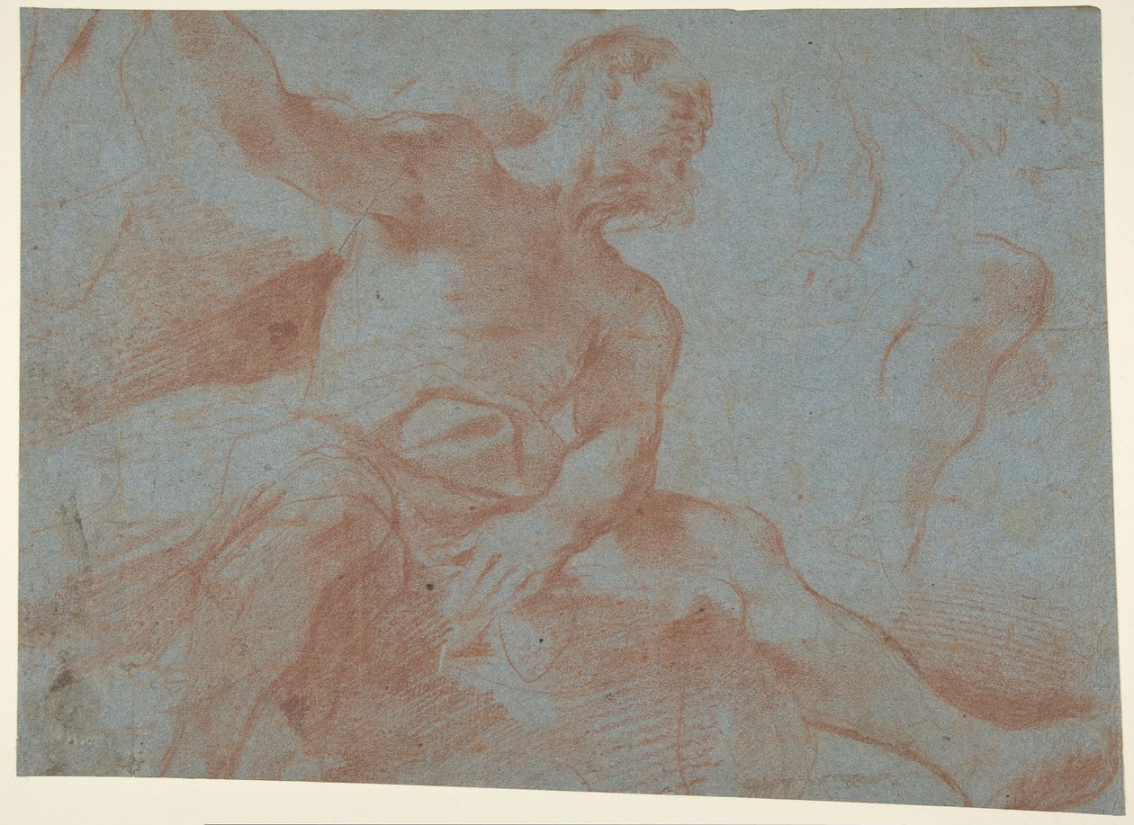 Zittende oude man met opgeheven rechterarm (Tithonus) (recto) door Guercino