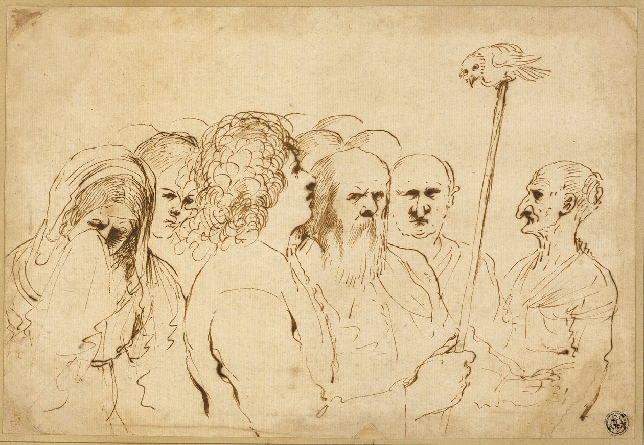 Groep figuren, met uil op een paal door Guercino