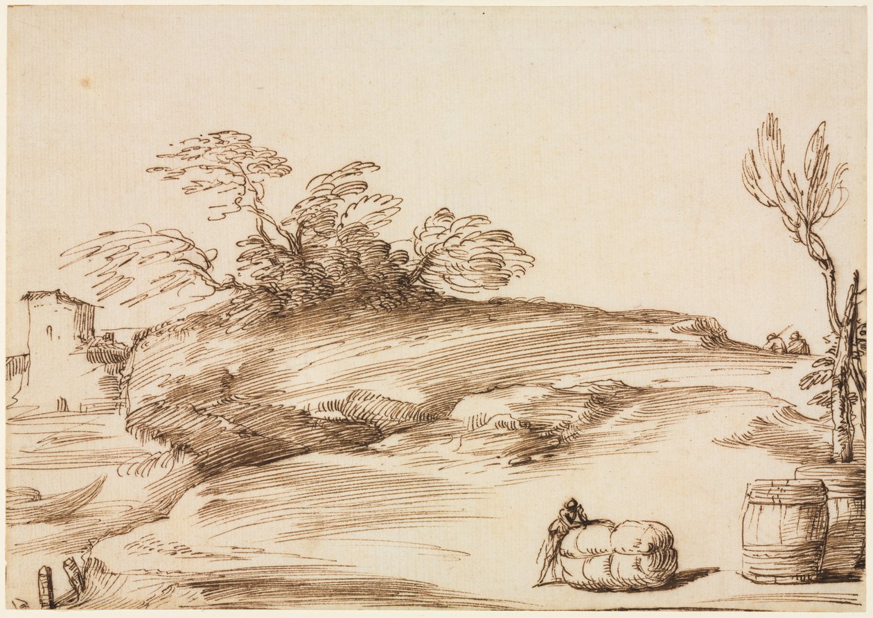 Landschap met een man leunend op een baal, ca. 1640 door Guercino