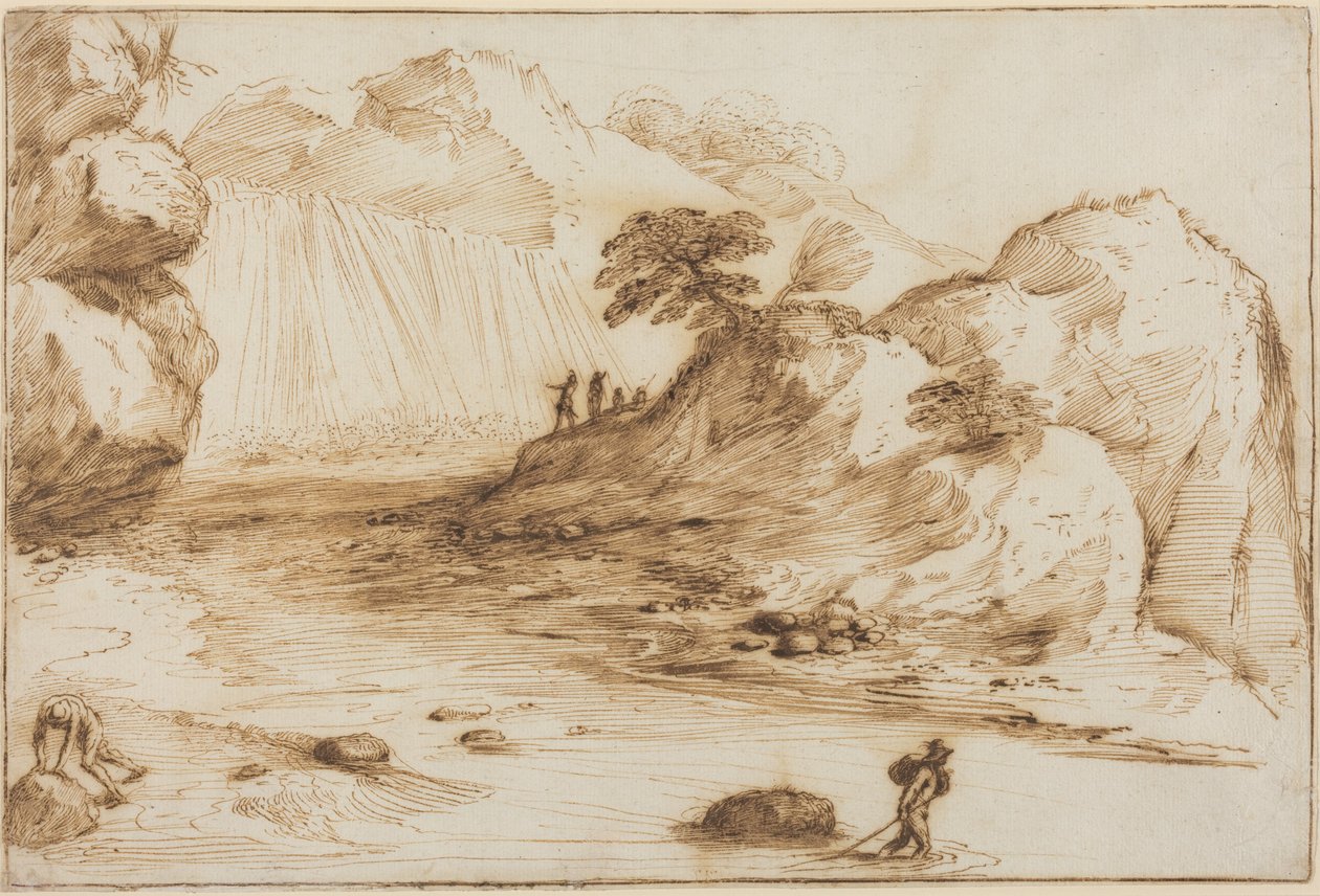 Landschap met een waterval door Guercino
