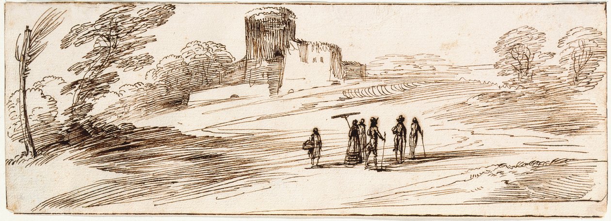 Landschap met kasteel en figuren door Guercino